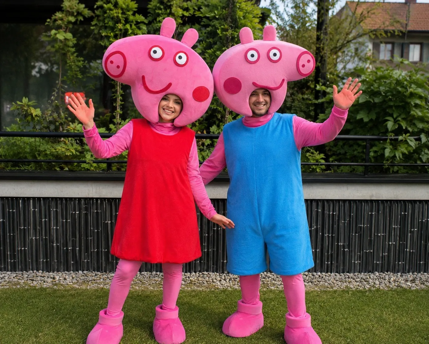 Piggy brother and sister entertainers at a kids' party